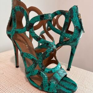 Aquazzura teal python laser cut heels
